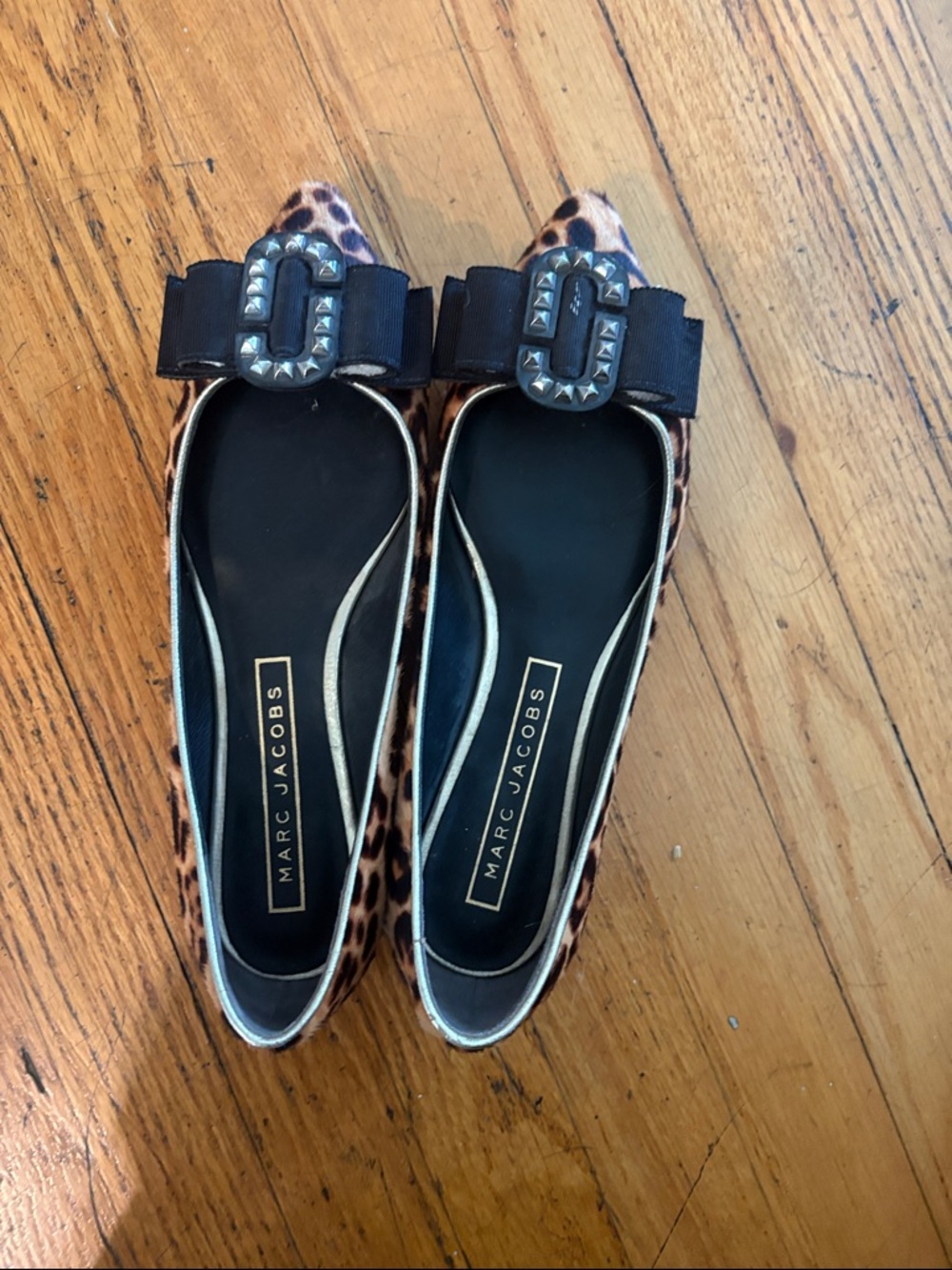 Marc Jacobs Leopard-Print Pointed Flats with Studded Bow Accent